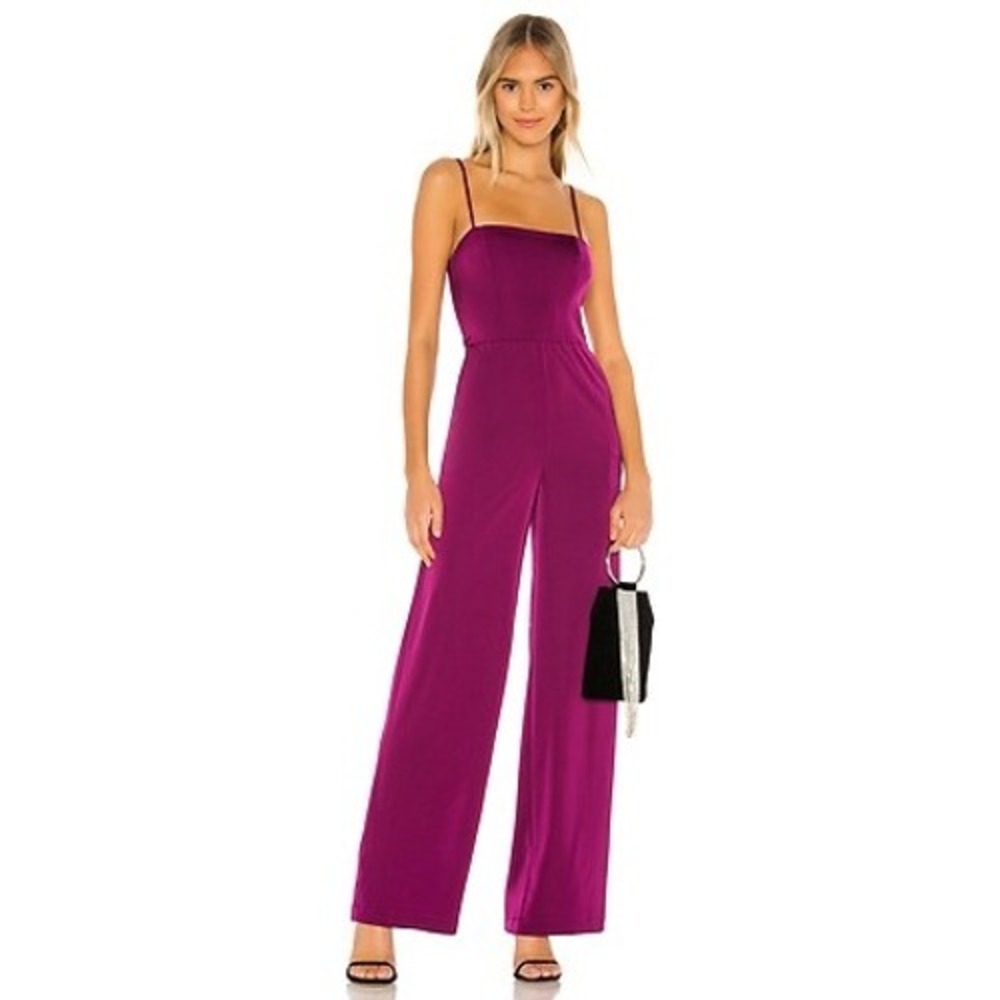Lovers and Friends Dani Jumpsuit Eggplant Purple Wide Leg Satin Square Neck S